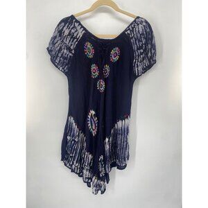 Fashion Force Women's Free Size Blue Embroidered Cotton Blend Boho Shift Dress